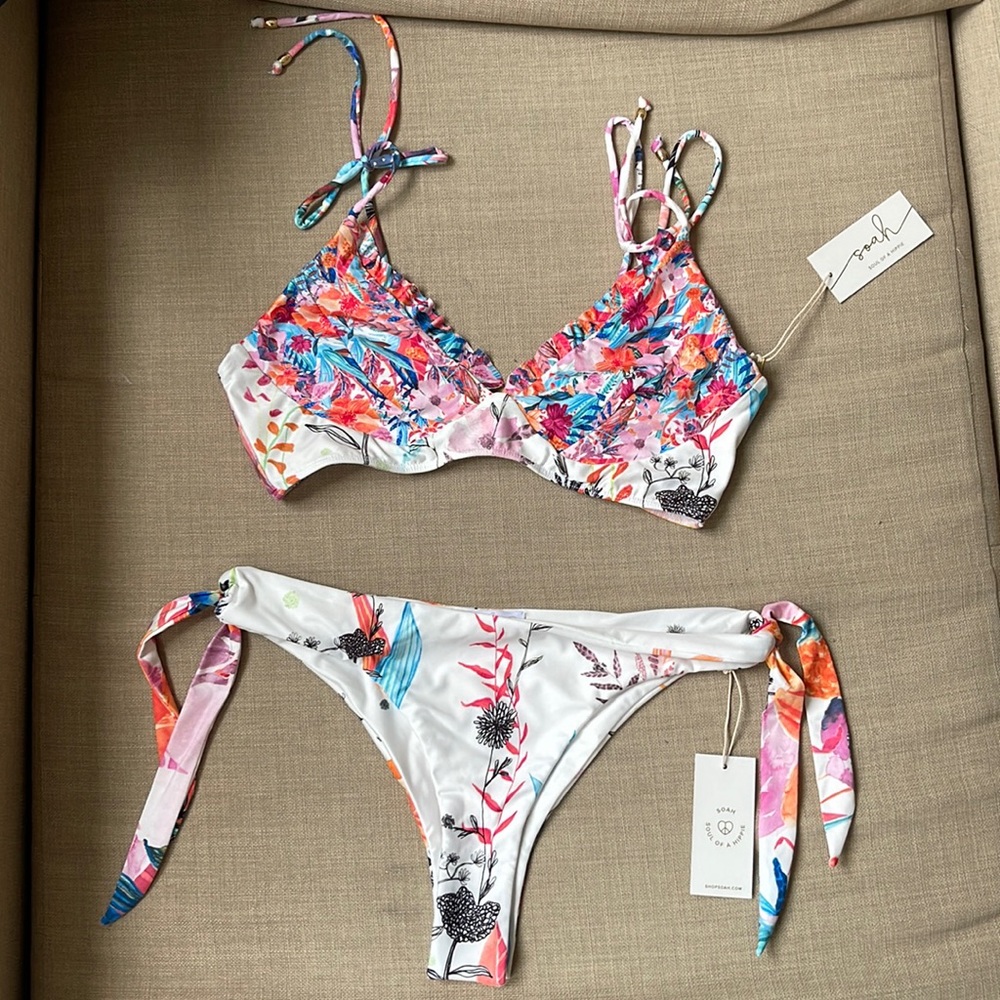 NEW WITH TAGS - SOAH Bathing Suit. White floral top and bottom